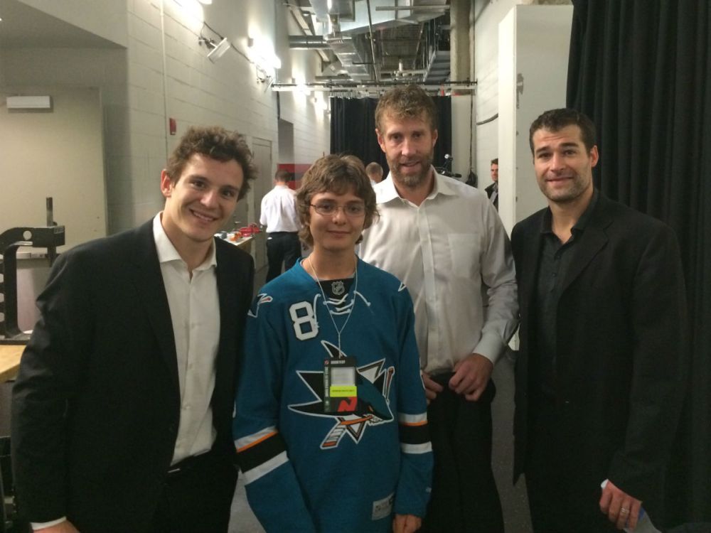 Ryan with Tommy Wingels, Joe Thornton and Patrick Marleau
